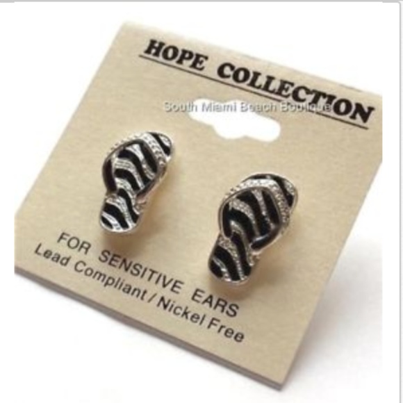 Silver Flip Flop Earrings Hypoallergenic Posts Black Enamel Beach Island Plated - Picture 3 of 8